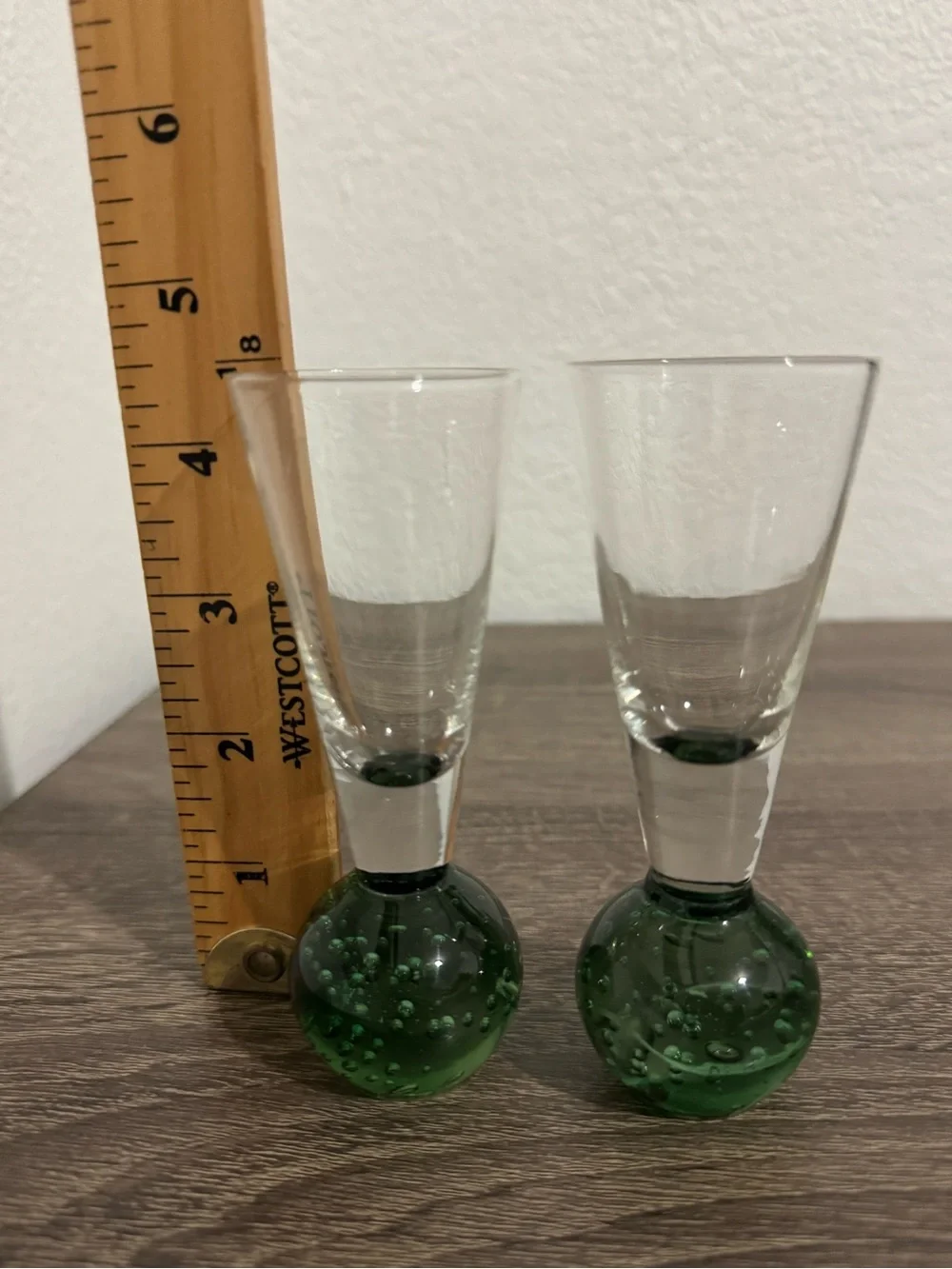 Vintage Green Bulb Base w/Bullicante Bubbles Shot Glasses Set of 2